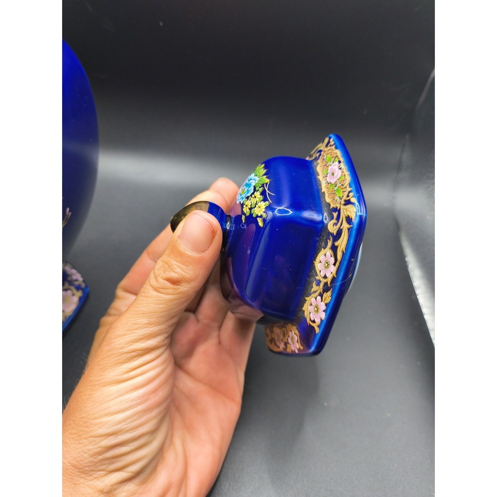 Vintage 1970-80s Japanese Cobalt Blue Ginger Jar - Golden Love Peacock 9" Lidded - Picture 13 of 13